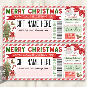 Modèle modifiable de chèque-cadeau de Noël avec le père Noël, bon de réduction pour le père Noël pour les enfants, coupon de chèque-cadeau surprise, carte-cadeau cadeau imprimable