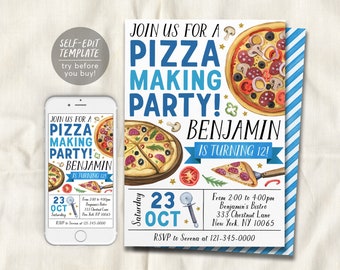 Peut inclure: Modèle d'invitation de fête de pizza éditable avec un fond rayé bleu et blanc. L'invitation présente une illustration aquarelle de pizzas, de garnitures à pizza et d'un coupe-pizza. Le texte sur l'invitation indique "Rejoignez-nous pour une fête de fabrication de pizza ! Benjamin a 12 ans !" et comprend la date, l'heure, le lieu et les informations de RSVP.