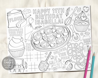 Pizza and Cupcakes Birthday Party Placemat Editable Template, Chef Baking Decorating Coloring Page Printable Birthday Activity Table Mat