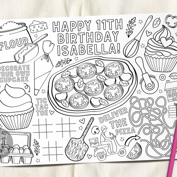 Pizza and Cupcakes Birthday Party Placemat Editable Template, Chef Baking Decorating Coloring Page Printable Birthday Activity Table Mat