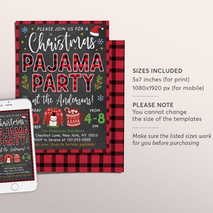 May include: A printable invitation for a Christmas pajama party. The invitation is designed with a red and black buffalo plaid pattern and features a chalkboard background with the text "Christmas Pajama Party at the Andersons!" The invitation also includes the date, time, and address of the party. The invitation is available in two sizes: 5x7 inches for printing and 1080x1920 pixels for mobile.
