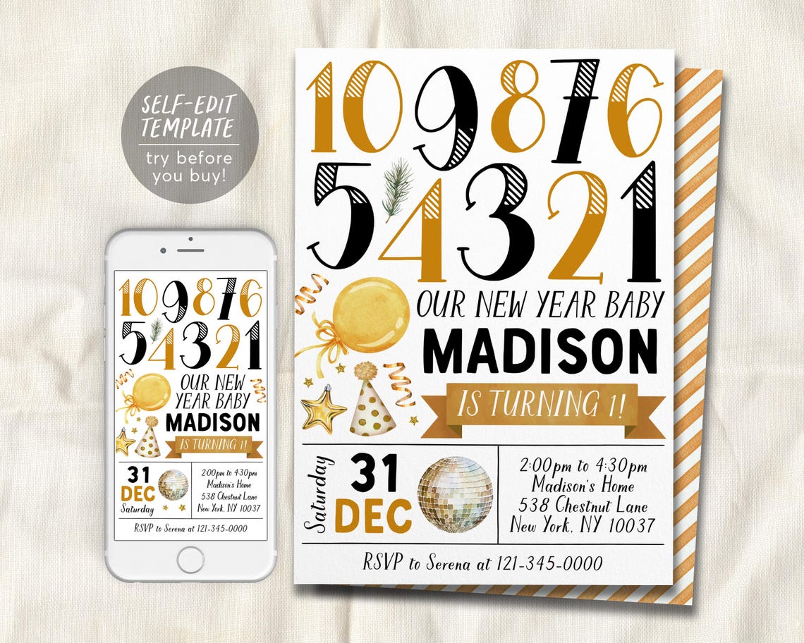 Countdown to One 1st Birthday Invitation Editable Template, New Year ...