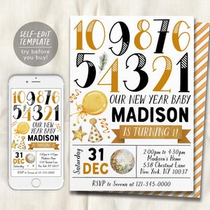 Countdown to One 1st Birthday Invitation Editable Template, New Year ...