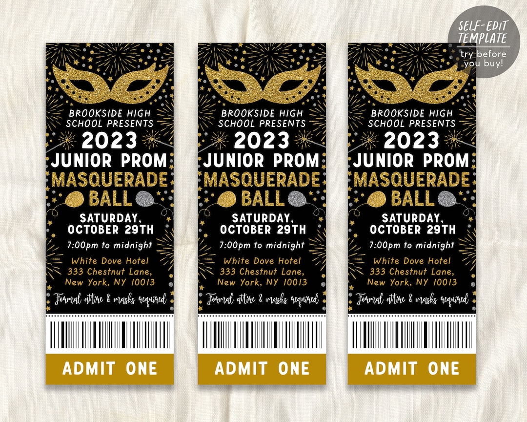 Masquerade Ball Ticket Prom Night Editable Template, Junior Senior Prom