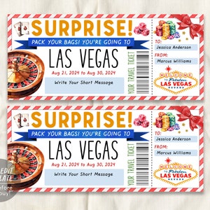 Plantilla editable de boleto de viaje de Las Vegas, certificado de regalo de vacaciones de viaje sorpresa, tarjeta de embarque de revelación de viaje de Nevada para revelación de cumpleaños DIY