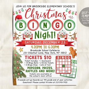 Christmas Bingo Night Fundraiser Flyer Editable Template, Holiday Bingo Flyer Game Night Event Invite Winter PTA PTO School Classroom Family