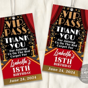 VIP Pass Birthday Party Thank You Tags Editable Template, Hollywood Red Carpet Favor Tag, Movie Star Glam Party Quinceanera 18th Birthday