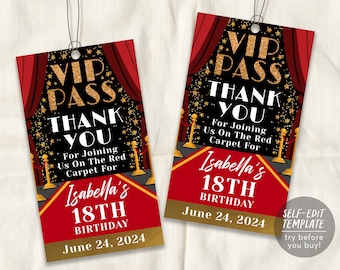 VIP Pass Birthday Party Thank You Tags Editable Template, Hollywood Red Carpet Favor Tag, Movie Star Glam Party Quinceanera 18th Birthday