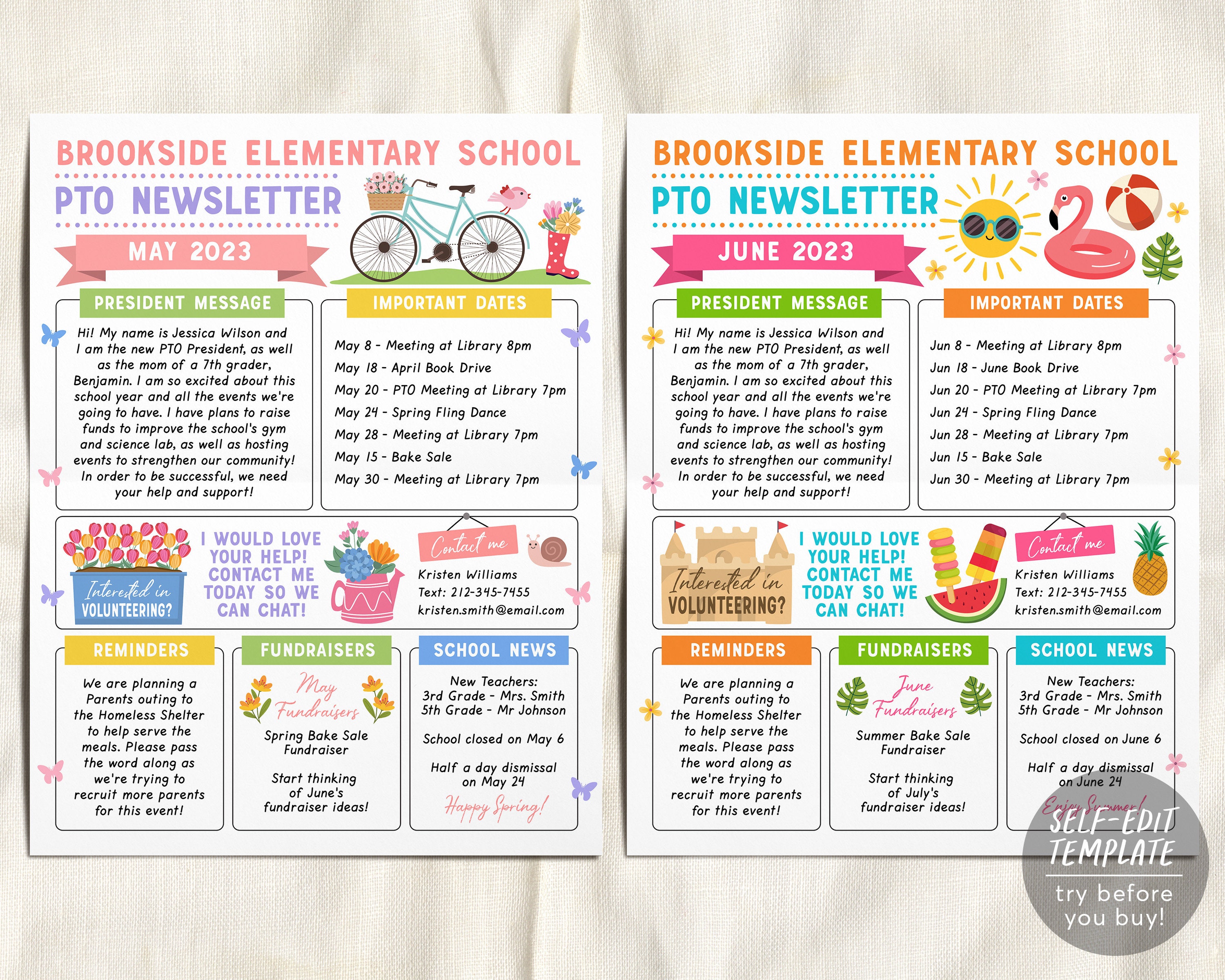 Yearly PTO PTA Newsletter Editable Template BUNDLE Set, Classroom ...