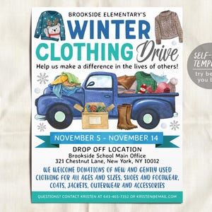 Winter Coat Drive Flyer Editable Template, Clothing Drive Donation Fundraiser Flyer, Winter School Church PTO PTA Community Charity Event