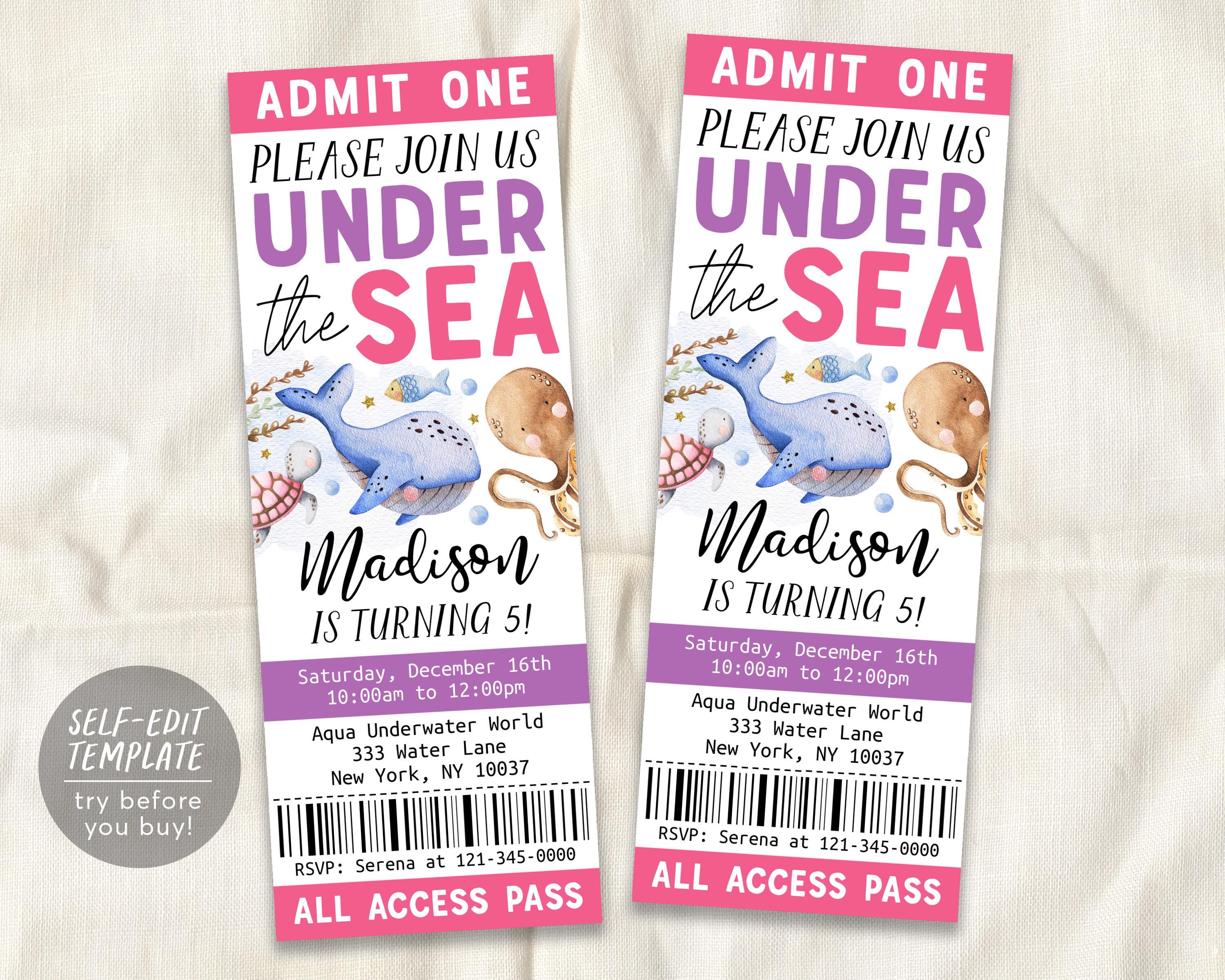 Under The Sea Birthday Ticket Invitation Editable Template, Girl Ocean Animals Underwater Party Invite, Aquarium Trip Magical Sea Life Evite