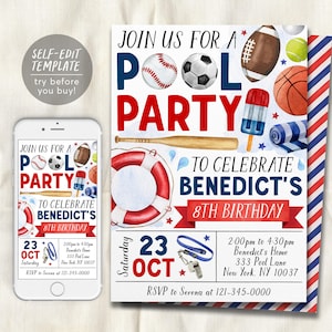 May include: A digital invitation template for a pool party celebrating Benedict's 8th birthday. The design features sports balls, a baseball bat, a life preserver, and a popsicle. Text includes date, time, location, and RSVP details.