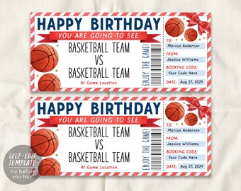 Basketball Game Gift Ticket Editable Template, Birthday Surprise Sports Game Ticket Voucher Gift Certificate For Him, Basketball Lovers Gift