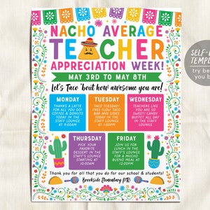 Nacho Average Teacher Appreciation Week Schedule Plantilla editable, Cartel del itinerario de Fiesta Mexicana, Programar eventos, Almuerzo del personal