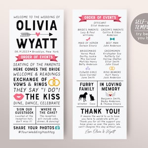 May include: A two-sided wedding program template featuring black text on a white background with pink and yellow accents. The text includes names Olivia and Wyatt, an order of events, wedding party list, and a thank you note. A circular badge reads SELF-EDIT TEMPLATE try before you buy.