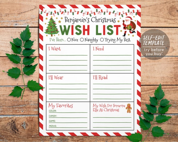 Christmas Wish List for Kids Editable Template Personalized