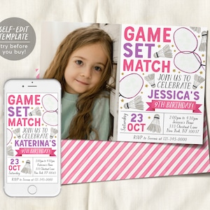 Badminton Birthday Invitation With Photo Editable Template, Girl Badminton Party Invite, Kids Sports Theme Evite, Game Match Tournament