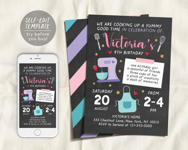 Editable Kids Cooking Birthday Invitation Template, Kitchen Cooking ...
