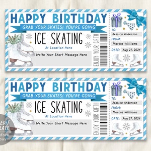 Ice Skating Gift Voucher Editable Template, Birthday Surprise Skating Lessons Gift Certificate For Teen, Skating Membership Coupon Printable