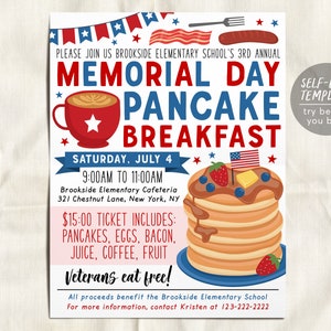 Memorial Day Pancake Breakfast Flyer Editable Template, Patriotic Pancakes Brunch Fundraiser Event, School PTO PTA Church Charity Community