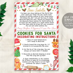 Carta de la Sra. Claus DIY Cookie Kit Instrucciones Tarjeta Plantilla editable, Decoración de galletas navideñas Cesta de cartas de Nochebuena imprimible