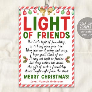 Plantilla editable de poema de tarjeta Light of Friends, adorno navideño Light of Friendship, etiqueta de regalo de agradecimiento por las fiestas