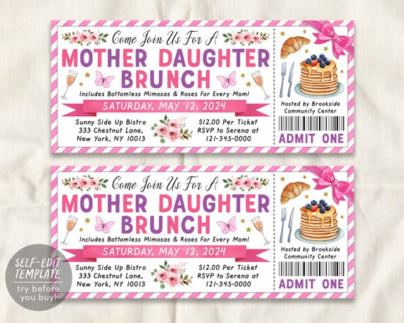 Mother Daughter Brunch Ticket Invitation Editable Template, Mothers Day Floral Breakfast Luncheon Ticket, Mommy and Me Celebration Invite