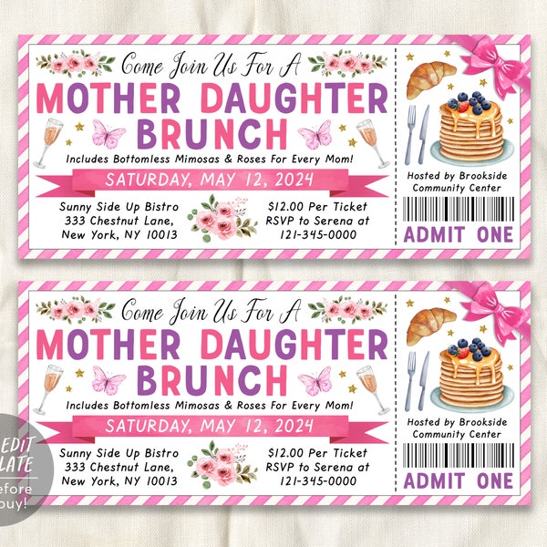 Mother Daughter Brunch Ticket Invitation Editable Template, Mothers Day Floral Breakfast Luncheon Ticket, Mommy and Me Celebration Invite