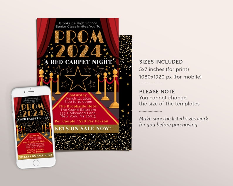 Red Carpet Prom School Dance uitnodiging bewerkbare sjabloon, Homecoming Hollywood VIP Pass Ticket Party uitnodiging, vader dochter dans afbeelding 2