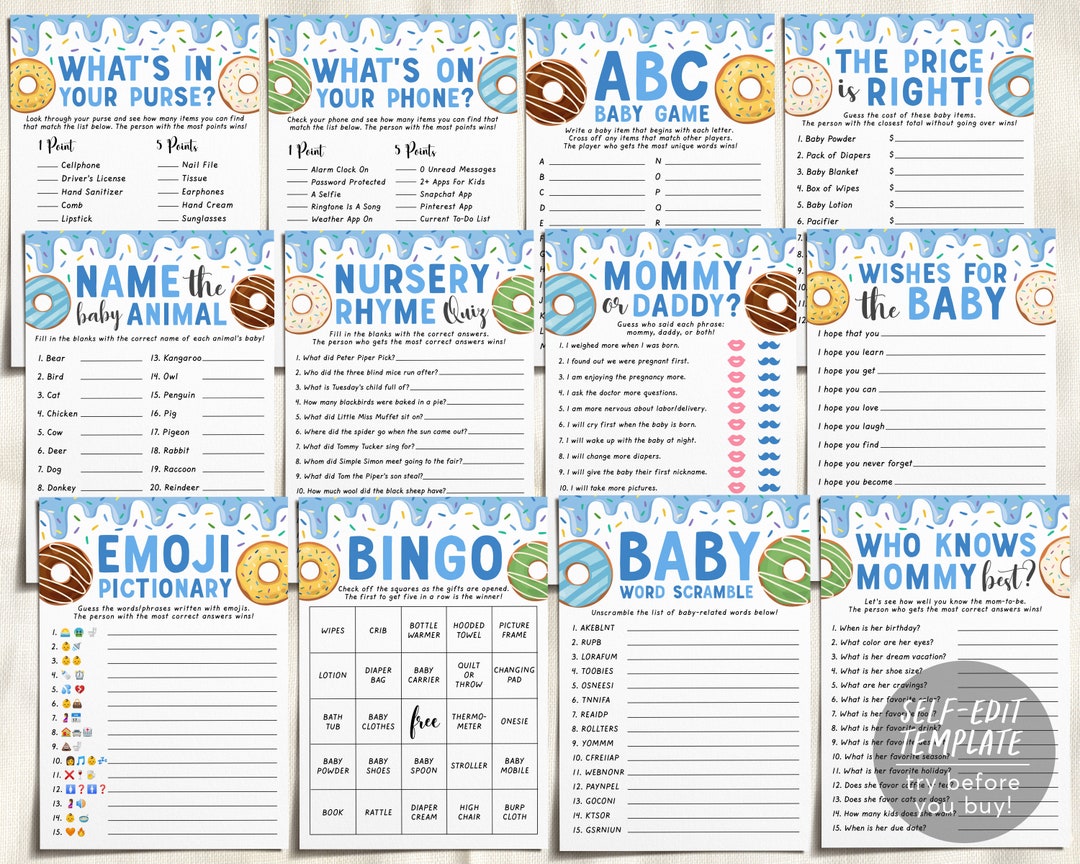 Donut Baby Shower Games Package Bundle Editable Template, Girl Boy ...