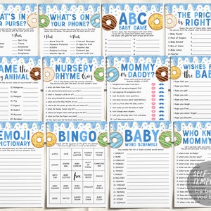 Donut Baby Shower Games Package Bundle Editable Template, Girl Boy Donut, Donuts And Diapers Baby Sprinkle, Doughnut 12 Shower Games