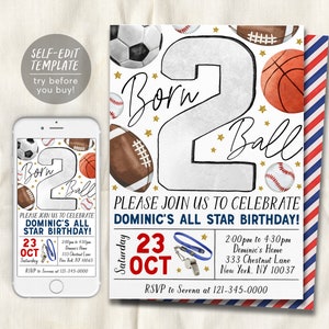 Bearbeitbare Vorlage für die Einladung zum zweiten Geburtstag von Born 2 Ball, Party-Einladung zum 2. Geburtstag von Boy Born Two Ball All Star, Evite zum Thema Sport für Kinder