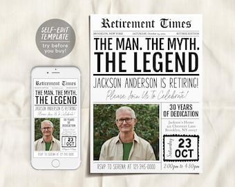 The Man The Myth The Legend Retirement Invitation Editable Template, Funny Retirement Newspaper Surprise Party Invite, Career Farewell Evite