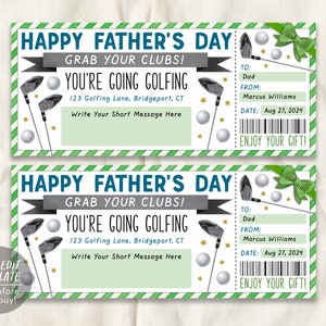 Fathers Day Golf Trip Gift Ticket Editable Template, Surprise Golfing Game Voucher For Dad Husband, Sports Gift Certificate, Golf Tournament