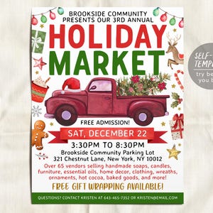 Holiday Market Flyer Editable Template, Christmas Market Poster, Winter Fest Vendor Craft Show, School Community Boutique Shopping Event