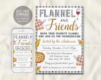 Könnte beinhalten: Eine rechteckige Einladungsvorlage mit schwarz-weißem Karomuster-Rand, Illustrationen von Kuchen, Mais, Herbstblättern, Gabel und Weinglas. Der Text lautet Flannel and Friends, Wear your favorite flannel and join us for Friendsgiving, hosted by the Andersons, Saturday, November 22 at 6:00pm, The Anderson's Residence, 333 Chestnut Lane, New York, NY 10065, Bring your favorite dish to pass, RSVP to Serena at 121-345-0000.