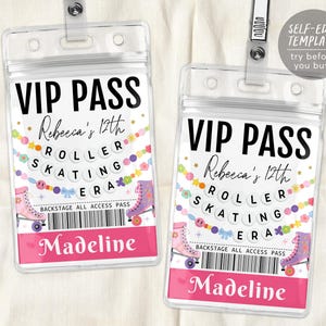 Roller Skating Era VIP Pass Editable Template, Skating Rink Friendship Bracelet Party VIP Badge, Eras Retro Skater VIP Insert for Lanyard