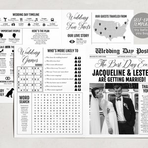 Plantilla de programa de bodas de periódico grande, programa de recepción moderno plegado, programa de bodas infográfico, cronología de bodas imprimible