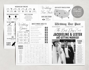 Large Newspaper Wedding Program Template, Folded Modern Reception Program, Infographic Wedding Program, Printable Wedding Timeline