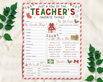 May include: A rectangular questionnaire titled Just A Few Of The Teacher's Favorite Things with a red and white striped border. The paper features Christmas-themed illustrations including a stocking, gift boxes, and string lights.