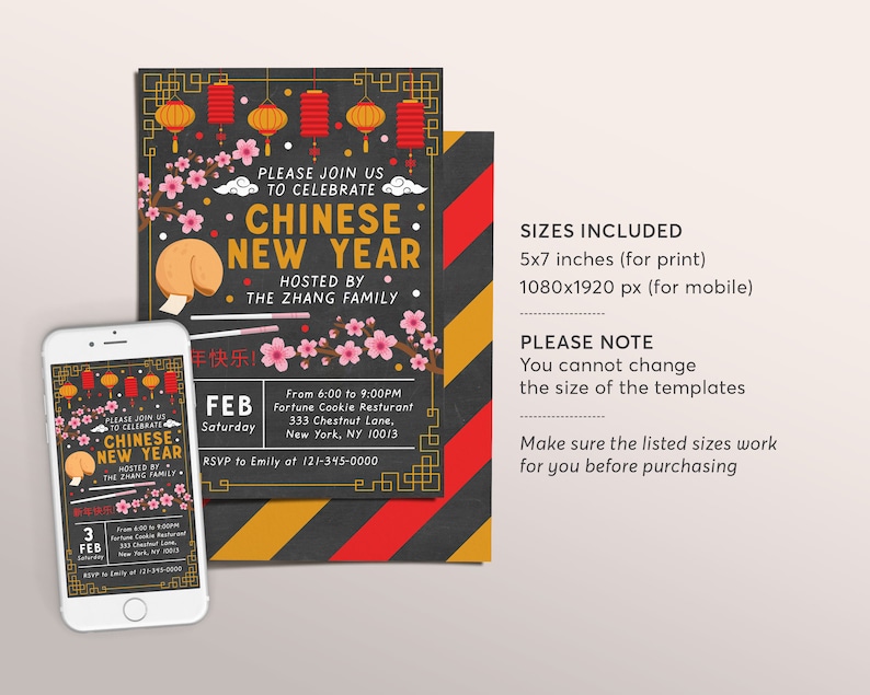 Chinese New Years Party Invitation Editable Template Lunar Etsy