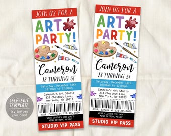 May include: Two rectangular art party invitation tickets featuring the text JOIN US FOR A ART PARTY! Cameron IS TURNING 5! with watercolor illustrations of a paint palette, brushes, and paint tubes. Includes event details, a barcode, and the text STUDIO VIP PASS.