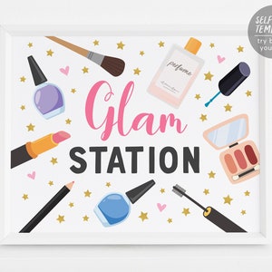 Glam Station Sign Printable, Makeup Makeover Party Sign, Pamper Party Spa Birthday Party Decor Decorations, Spa Party Posters, Tween Girls