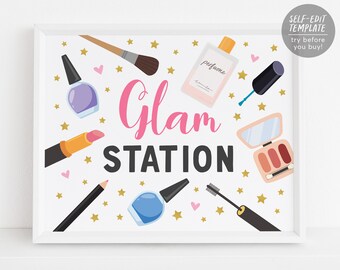 Glam Station Sign Printable, Makeup Makeover Party Sign, Pamper Party Spa Birthday Party Decor Decorations, Spa Party Posters, Tween Girls