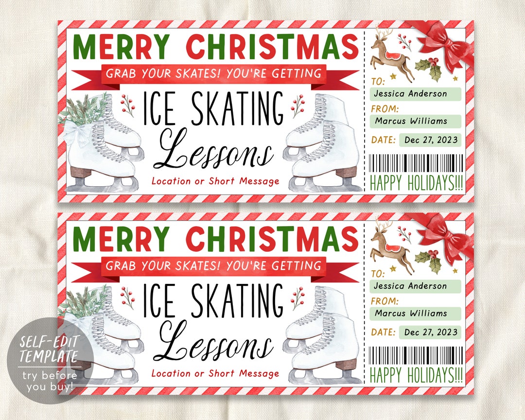 Ice Skating Lessons Christmas Gift Certificate Editable Template ...