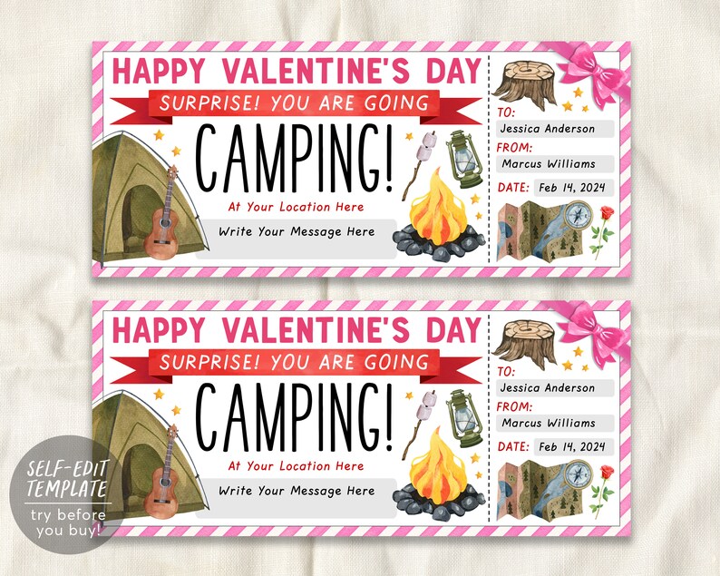 Valentines Day Camping Trip Ticket Editable Template, Anniversary