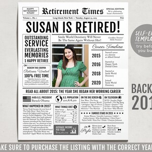 Editable Retirement Celebration Sign, Unique Newspaper Retirement Gifts for Men Women, Dentist Teacher Nurse Gift, History Back in 2015