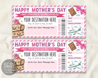 May include: A printable Mother's Day boarding pass template featuring pink and white striped borders, illustrations of stacked vintage suitcases with pink tulips, a passport, a pink bow, and an airplane. Text includes Happy Mother's Day.