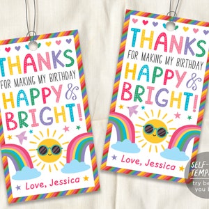 Etiquetas de agradecimento de arco-íris modelo editável, óculos de sol sol feliz e brilhante decoração de etiqueta de festa de aniversário para impressão, escola para crianças em sala de aula