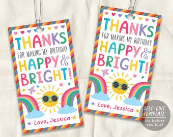Rainbow Thank You Tags Editable Template, Sunglasses Sun Happy And Bright Birthday Party Favor Tag Decor Printable, School Kids Classroom